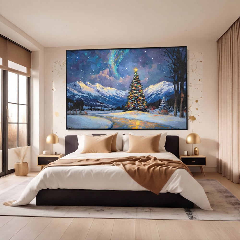 Tablou canvas cu tablou canvas cu brad impodobit noaptea, in rama de aluminiu negru, pe perete intr-un dormitor